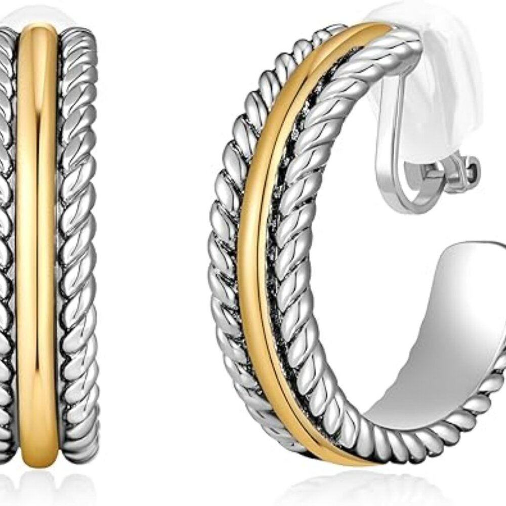 Silver & Gold Mixed Metal Clip-On Earrings Two Tone‎ Clip-On Chunky Twist Fancy